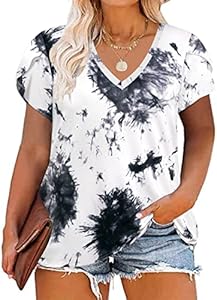 TIYOMI Plus Size Tops for Women Henley V Neck Short Sleeve Tunic Leopard Cheetah Color Block Tees Summer T Shirts TIYOMI