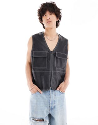 ASOS DESIGN faux leather vest in black with contrast stitch ASOS DESIGN