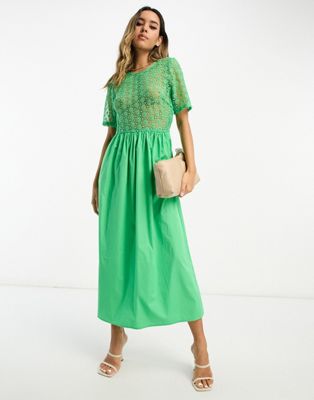 Зеленое платье миди из хлопкового поплина с вышивкой Never Fully Dressed NEVER FULLY DRESSED