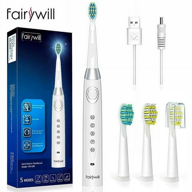 Fairywill Sonic Electric Toothbrush, Rechargeable Toothbrush 5 Modes with Smart Timer, 30 Days Battery Life, Electric Toothbrush for Adults Cleaning as Dentist, White Fairywill