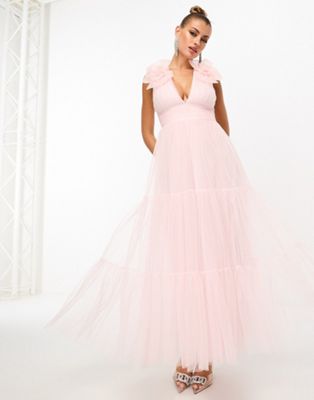 Розовое платье миди с розовыми плечами и кружевом Lace & Beads LACE & BEADS