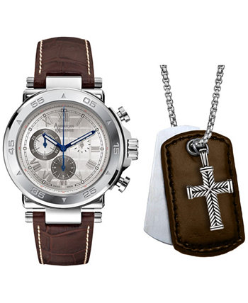Мужские часы с коричневым кожаным ремешком 44 мм в подарочном наборе American Exchange