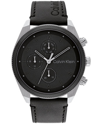 Мужские многофункциональные часы с черным кожаным ремешком 44 мм Calvin Klein