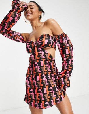 First Distraction The Label cut out satin mini dress in retro print First Distraction
