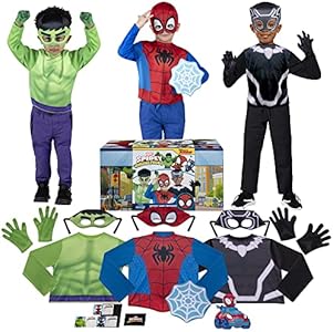 Детский костюм на Хэллоуин Marvel Spidey Friends для возраста 3-4 лет - три комплекта с рубашками, перчатками и пластиковыми масками Jazwares Costume Play