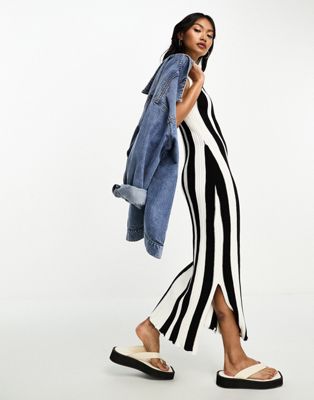 & Other Stories lettuce edge knitted midi dress in black and white stripe & OTHER STORIES