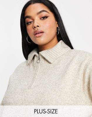  New Look Curve zip through collared sweater in oatmeal New Look Plus