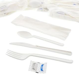 AmerCareRoyal 6-in-1 Disposable Silverware Heavy Weight Plastic Utensil Set with Teaspoon, Fork, Knife, Salt & Pepper Packets, 13x17 Napkin - Individually Wrapped Cutlery Meal Kit, White, Case of 250 AmerCare