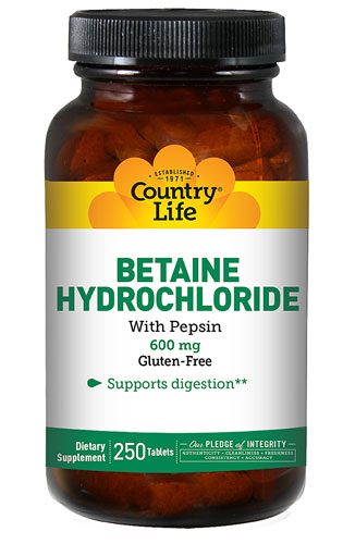 Бетаин Гидрохлорид с Пепсином - 600 мг - 250 таблеток - Country Life Country Life