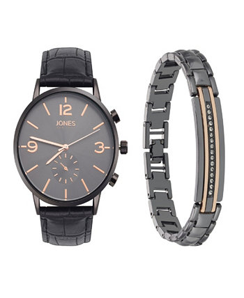 Мужские аналоговые часы с черным кожаным ремешком под крокодила, подарочный набор с браслетом 42 мм Jones New York