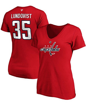 Женская футболка с V-образным вырезом Henrik Lundqvist Red Washington Capitals Authentic Stack Name Number Fanatics