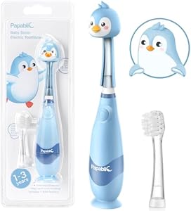 Papablic Toddler Sonic Electric Toothbrush for Ages 1-3 Years, Baby Electric Toothbrush with Cute Dino Cover and Smart LED Timer, 2 Brush Heads (Debby) Papablic