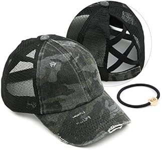 C.C Exclusives Washed Distressed Cotton Denim Criss-Cross Ponytail Hat Baseball Cap Bundle Hair Tie (BT-780) C.C