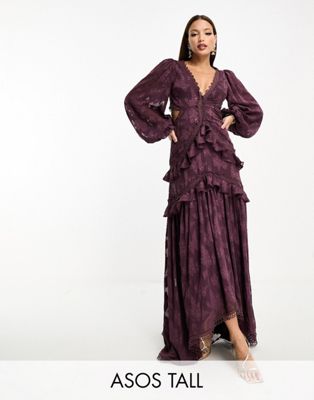 Бордовое жаккардовое платье миди с цветочным вырезом ASOS DESIGN Tall ASOS Tall