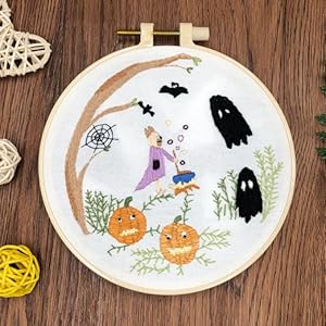 DIY Stamped Embroidery Starters Kits with Pattern Halloween Pumkin Witch for Beginners with Hoops Cloth Color Threads Cross Stitch Kits Needlework for Adults Students Home Decoration Generic