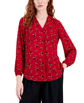 Плиссированная блузка Petite с V-образным вырезом и длинными рукавами AK Anne Klein