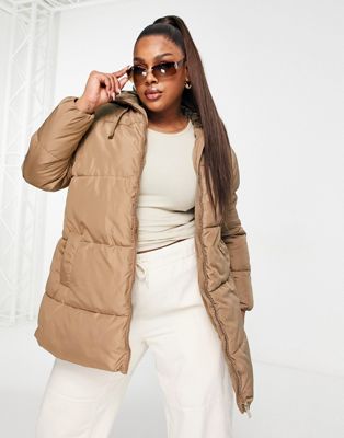 New Look Curve hooded puffer coat in camel New Look Plus