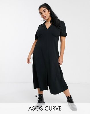 Черное чайное платье миди с воротником ASOS DESIGN Curve ASOS Curve