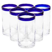Set of 6 Hand Blown Mexican Drinking Glasses, 14 oz Cobalt Blue Rimmed Glassware Okuna Outpost