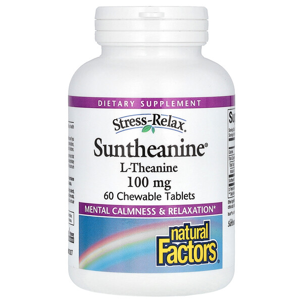 Stress-Relax, Suntheanine, L-Теанин, 200 мг, 60 жевательных таблеток - Natural Factors Natural Factors