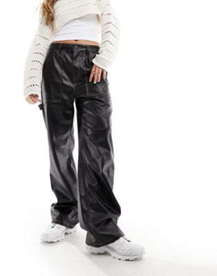 Черные широкие брюки из искусственной кожи с контрастной строчкой и высокой посадкой ONLY