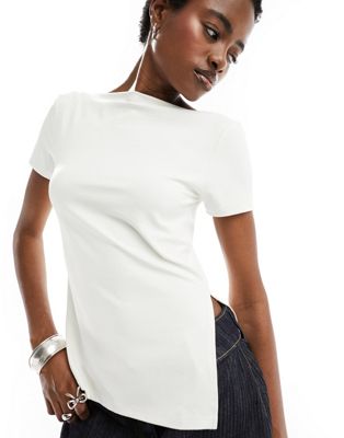 ONLY cap sleeve longline tee with side split in cream  ONLY