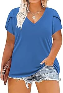 DOLNINE Womens-Plus-Size-Tops Summer Petal Sleeve T Shirts Casual V Neck Tees XL-5XL DOLNINE