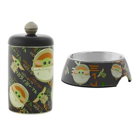 STAR WARS THE MANDALORIAN THE CHILD Aurebesh Ceramic Treat Jar & STAR WARS THE MANDALORIAN THE CHILD Aurebesh Non-Skid Stainless Steel with Melamine Stand Dog & Cat Bowl STAR WARS||Star Wars by Fetch for Cool Pets