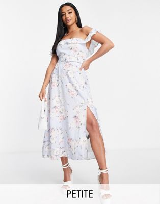 Ever New Petite bardot belted midi dress in light blue floral Ever New Petite