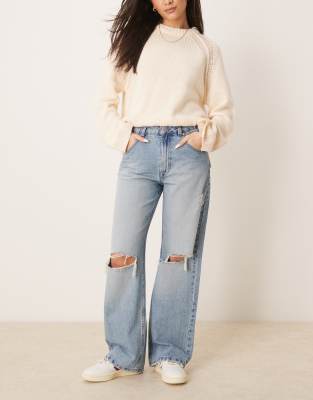 ASOS DESIGN baggy jean with rips in mid blue Asos Design