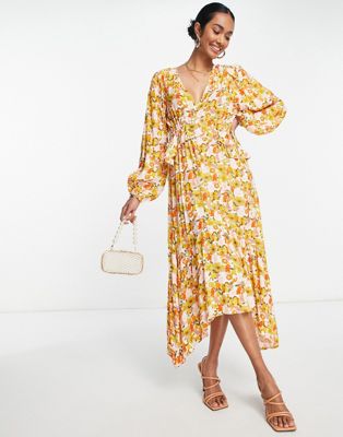 Желтое платье миди с завязками на спине и цветочным принтом в стиле 70-х Y.A.S Y.A.S