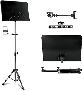 EASTROCK Black Metal Sheet Music Stand - Adjustable Music Stand with Mobile Phone Holder, Professional Music Book Holder, and Sheet Music Clip EASTROCK