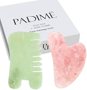 Padime 2 pcs | Premium Set Massage 2-in-1 | Rose Quartz Gua Sha Stone Facial Tools + Jade Comb Scalp Massager | Puffiness Reducing & Relieve Muscle Tension - Stimulates and Strengthens Hair Growth Padimë