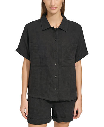 Women's Short-Sleeve Gauze Button-Front Camp Shirt Marc New York