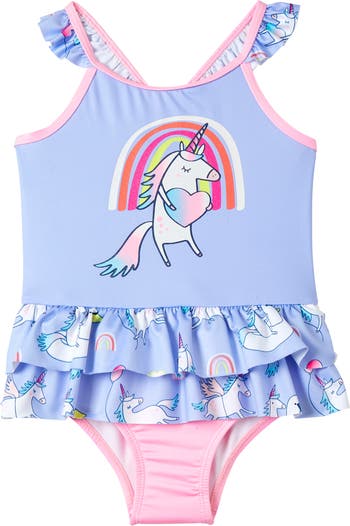 Unicorn Holding Heart Print Front Ruffle One-Piece Swimsuit Wippette