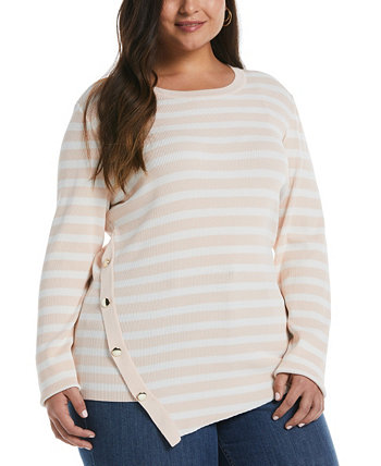 Plus Size Snap Trim Stripe Asymmetrical Sweater ELLA rafaella