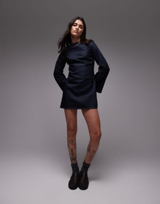 Topshop denim long sleeve shift dress in raw look indigo Topshop