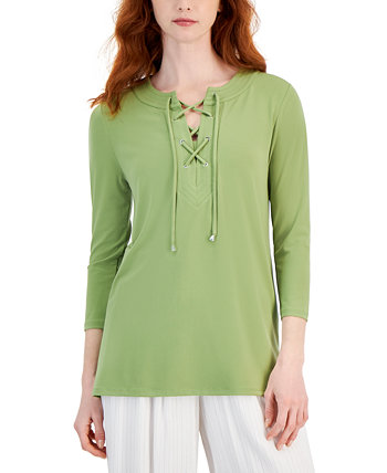 Women's Solid 3/4 Sleeve Lace-Up Knit Top, Created for Macy's J&M Collection