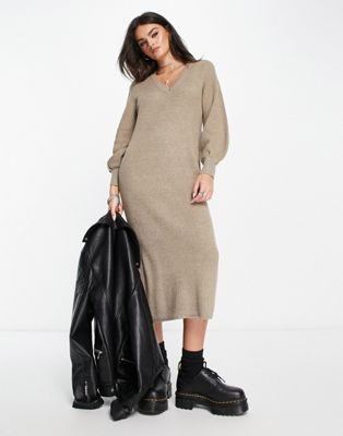 Object knitted midi sweater dress with balloon sleeves in taupe Object