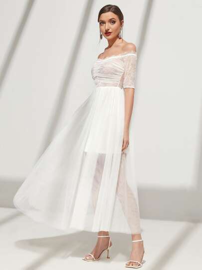 SHEIN Свадебное платье с кружевной вставкой со сборками сетчатый SHEIN