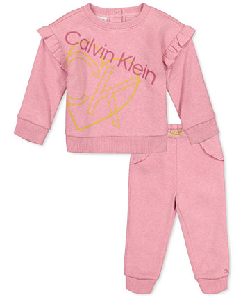 Baby Girls 2-Pc. Комплект из флисовой толстовки с оборками и брюк-джоггеров Calvin Klein