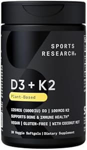 Sports Research Vitamin D3 K2 with Coconut Oil | Plant Based Vitamin K2 MK7 + Vegan D3 5000iu for Bone & Immune Health | Vegan Certified, Soy & Gluten Free - 30 Count Softgels Sports Research