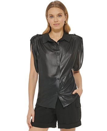 Женская рубашка из искусственной кожи на пуговицах с коротким рукавом DKNY
