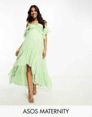 Шалфейное платье макси с открытыми плечами и высоким низким подолом ASOS DESIGN Maternity ASOS Maternity