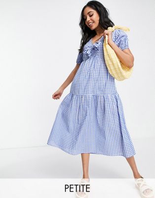 Influence Petite tie front midi dress in blue gingham Influence Petite