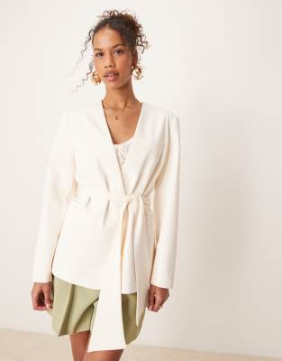 ASOS DESIGN tie waist collarless blazer in cream Asos Design