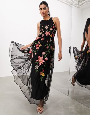 Черное сетчатое платье макси без рукавов с цветочной вышивкой ASOS EDITION ASOS EDITION