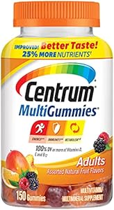 Centrum MultiGummies Gummy Multivitamin for Adults, with Vitamins D, B and E, Assorted Flavor, Fruit, 150 Count Centrum