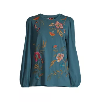 Sidonia Floral-Embroidered Cotton Top Johnny Was