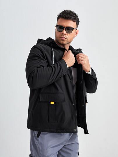 Extended Sizes для мужчины Зимнее пальто с карманом буква на кулиске с капюшоном SHEIN